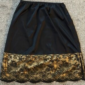Vintage Black Slip Skirt Gold Lace Hem Gothic Lingerie Y2K Midi Laying Piece